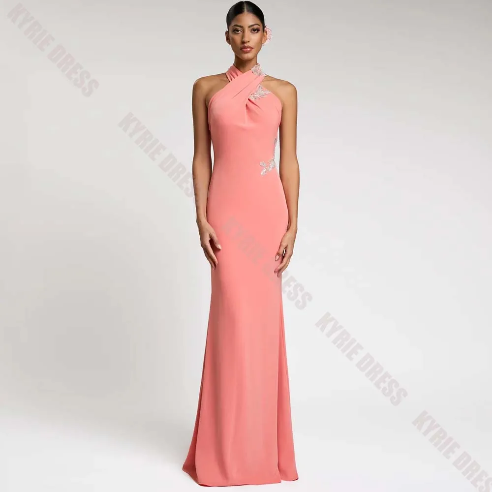 Customized Formal Evening Gown Cross Halter Neck Full Sleeves Beads Applique Women Wedding Guest Floor Length Prom Party Dresses