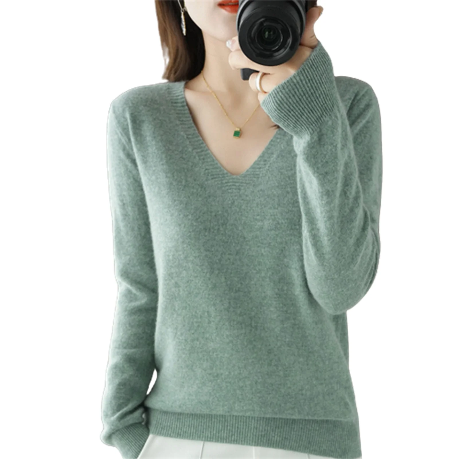 Pullover Sweaters Tops for Women Classic-Fit Thin V-Neck Long Sleeve Woolly Tops Universal for Spring Fall