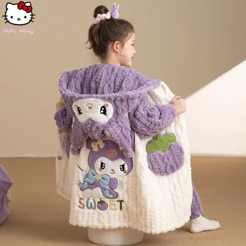 الفتيات Kawaii مقنعين الملابس المنزلية الدافئة مجموعة الكرتون الفتيات سميكة ثوب النوم منامة أنيمي شتاء جديد الوالدين والطفل قطعتين مجموعة