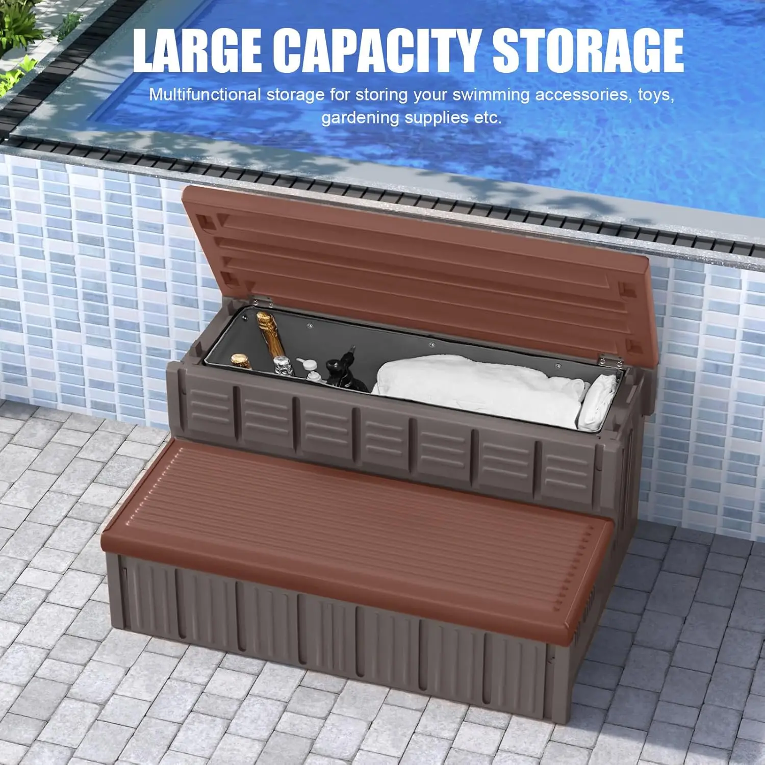 خطوات حوض الاستحمام الساخن، خطوات سبا خارجية مع مساحة تخزين، سلالم حوض استحمام ساخن قوية غير قابلة للانزلاق، بطول 36 بوصة، قهوة/رمادي