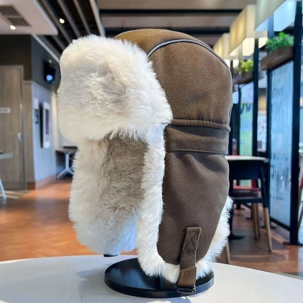 Vintage Thickened Bomber Hat Men`s Earflap Cap Ear Protection Velvet Lining Winter Beanie Hat Faux Fur Windproof Cap for Men