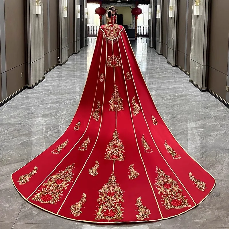 Mingli Tengda Red Cloak Bride Wedding Chinese Style Shawl Long Tail Phoenix Crown Xiapei Large Cloak Long Cloak Embroidery Coat