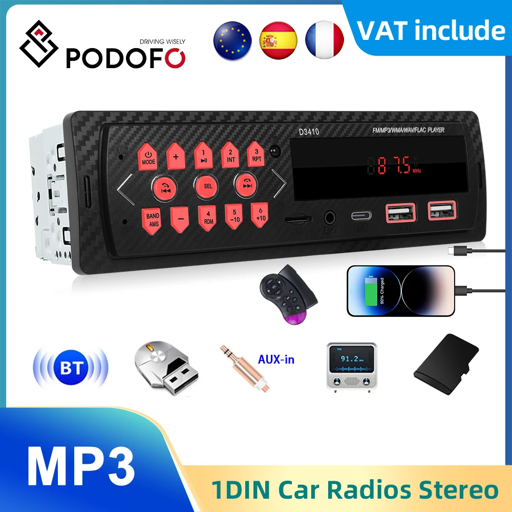 Podofo 1DIN In-Dash Car Radio Stereo Digital Bluetooth Audio Music 12V Car MP3 Player Radio USB/SD/AUX-IN Type-C charging port