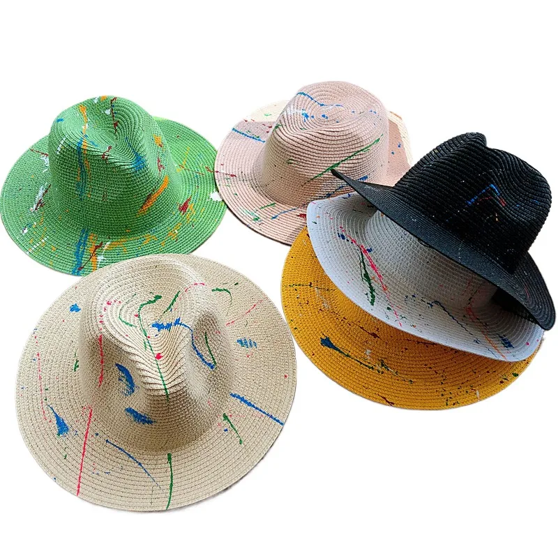 

Men's And Women's Couple New Painted Lacquer Graffiti Straw Hat Artistic Art Fedora Hat Spring And Summer Panama Papyrus Top Hat