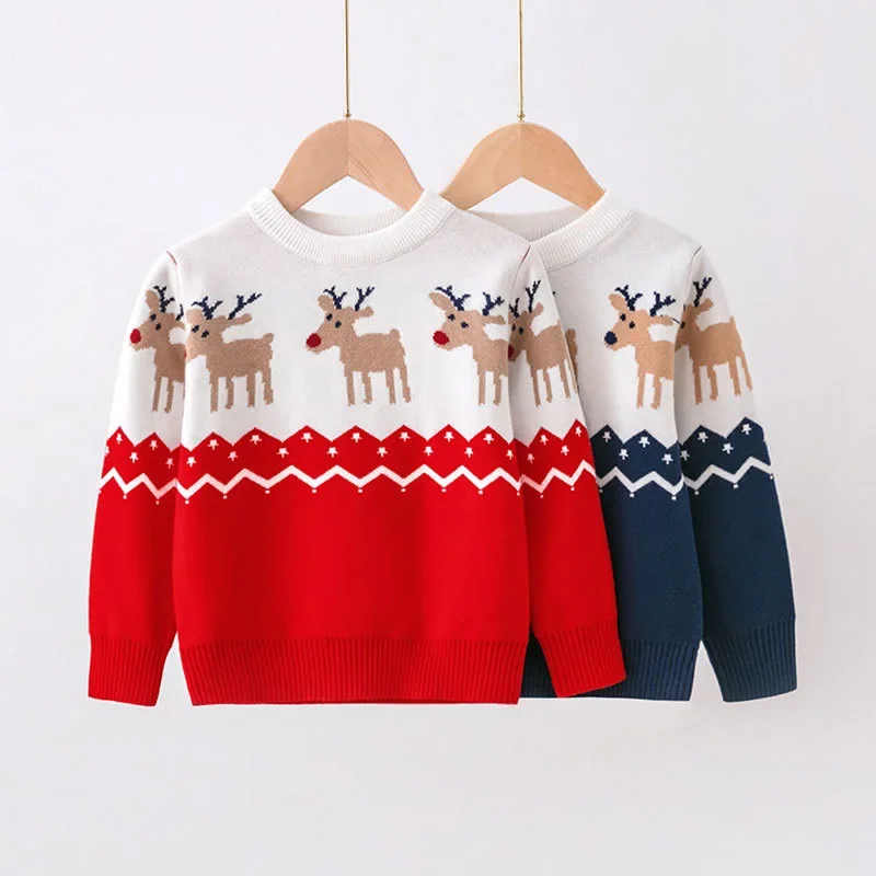 

Christmas Boys Girls Sweaters Autumn Winter Children Cartoon Deer Knitted Pullover Jumpers Warm Outerwear Kids Casual Clothing