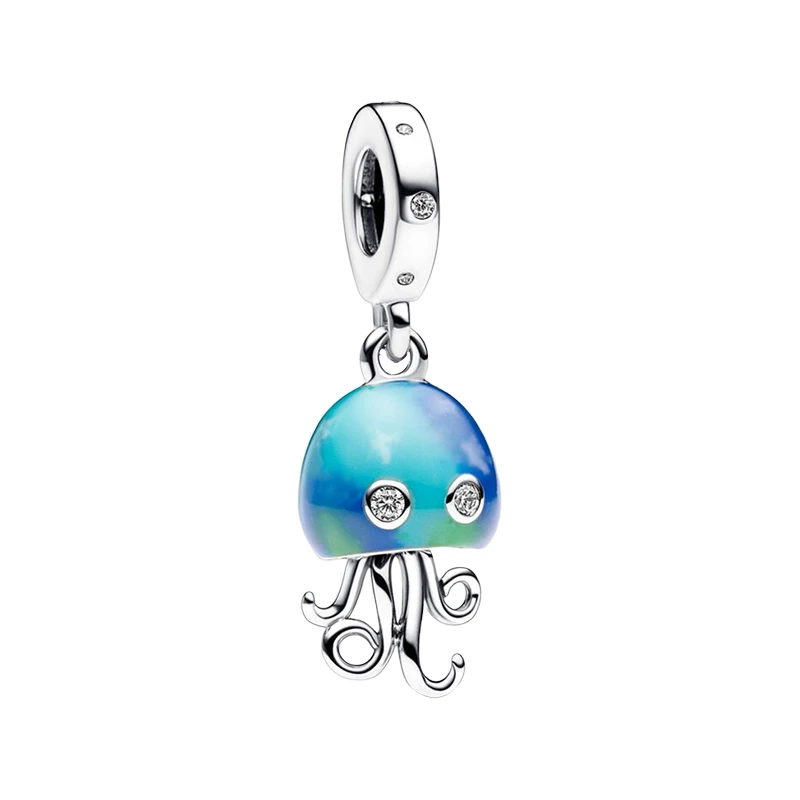 

Color Change Blue Enamel Jellyfish Pendant Charms For Women 925 Sterling Silver Jewelry Movable Tentacles Clear Zircon Eyes Bail