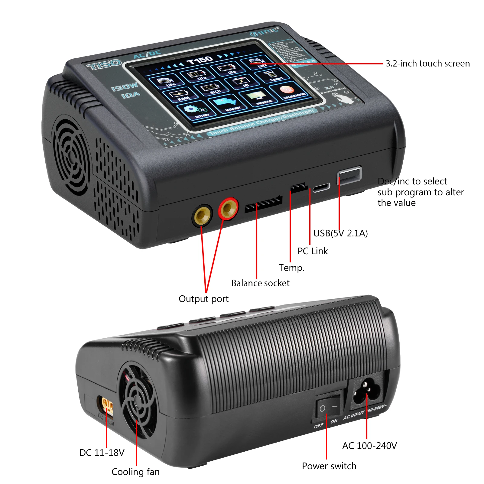 HTRC RC شاحن T150 التيار المتناوب/تيار مستمر 150 واط 10A شاشة تعمل باللمس شاحن ميزان مفرغ ل يبو LiHV الحياة ليلون NiCd NiMh شاحن بطارية