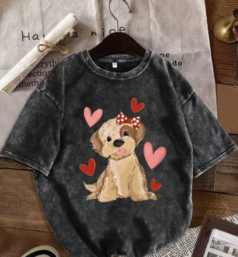 Black Vintage Wash Distressed Design Dark Rolling Eyes Corgi Puppy Print T-shirts