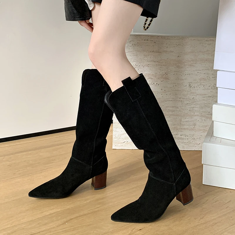 Mid Calf High Boots Slip On Pointed Toe Spring Autumn Woman Cowsuede Boots Chunky Heel Western Boots Cowgirl Fashion Botas