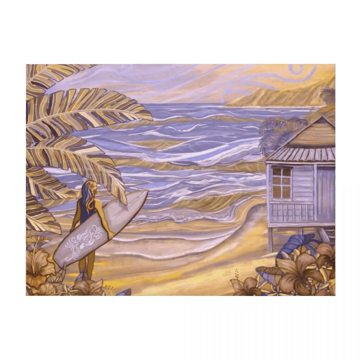 

Vintage Hawaiian Surfer Girl Art Throw Blanket Beach Soft Plush Plaid Luxury Cute Blankets