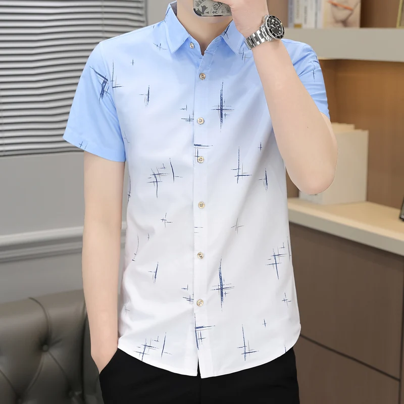 Business Boyfriend Turn-down Collar Gradient Solid Color Button Short Sleeve Printing Cardigan Men\'s Clothing Summer Formal Tops