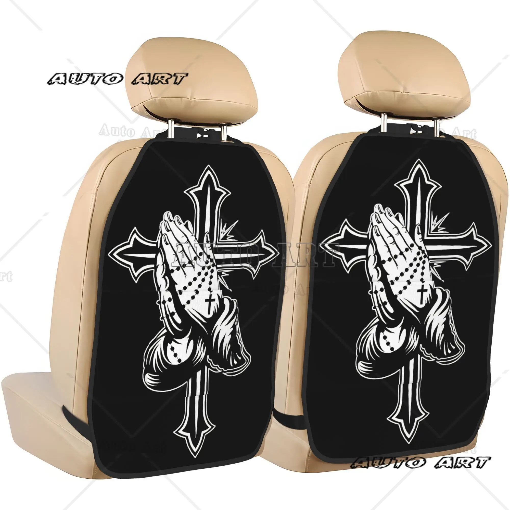 2pcs Prayer Cross Car Seat Back Organizer Large Kick Mats with Storage Pockets Car Back Seat Organizer