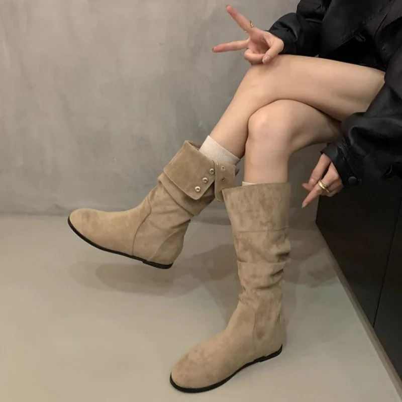 

Mid length boots for women 2025 new European and American fashion temperament women's boots Western boots pile up boots