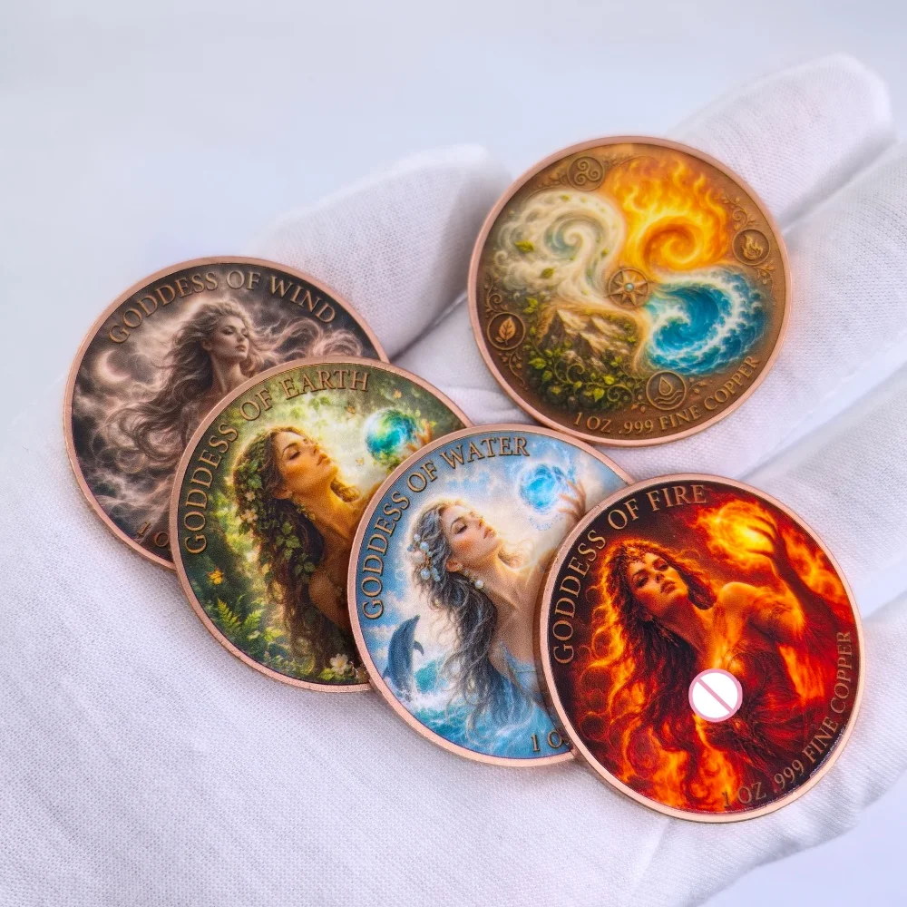 Four Elements Goddess 1oz .999 Fine Copper Commemorative Coin Water Earth Fire Wind Colorful Printed Coin Collectible Gift