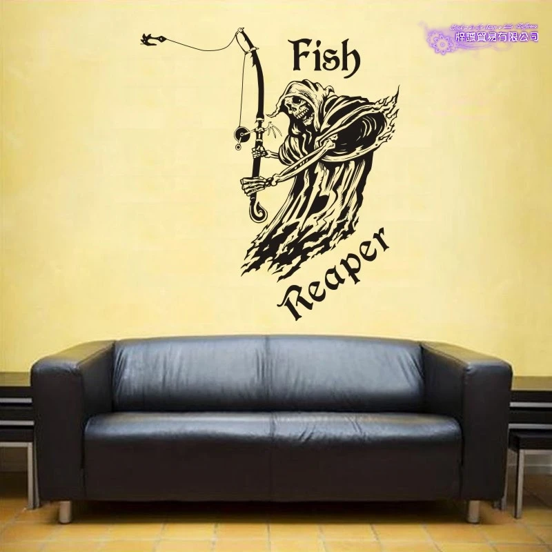 Fishing Skull Decal Angling Bucket Tackle Shop Fishhook Sticker Fish Tank Boat Box Car Vinyl Decal