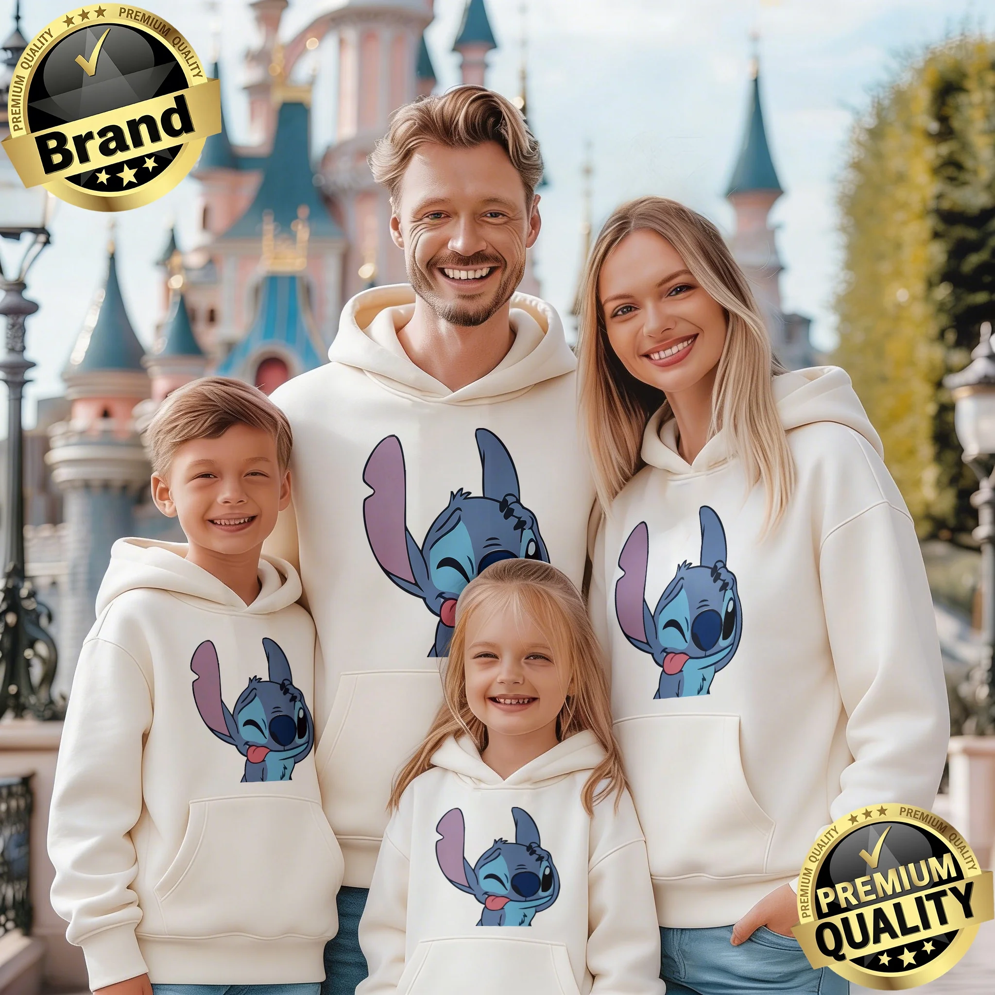 

Комплект унисекс из хлопка с узором Дисней Стич, осень-зима 2026, высококачественное худи и брюки, для родителей и детей, цельный, теплый