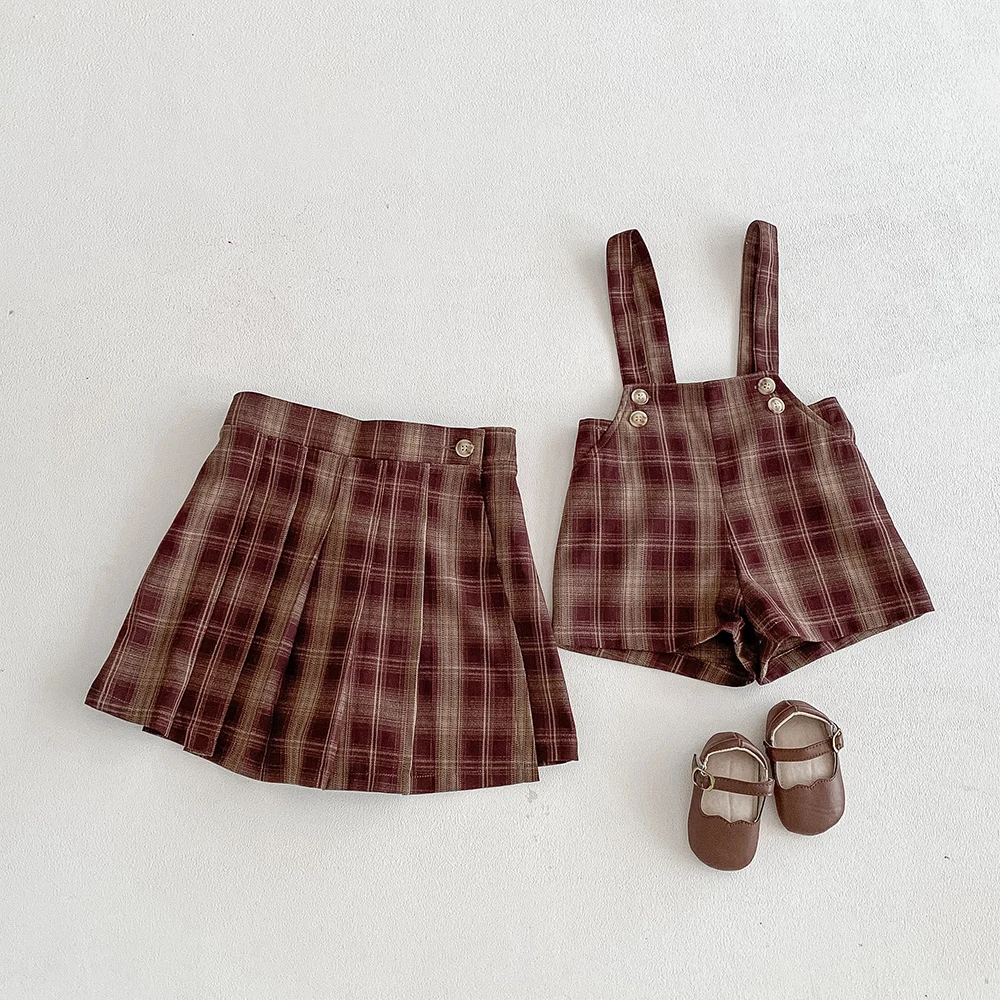Vintage Girls Plaid Skirt Fall Spring Retro Pleated Kids Skirt Shorts Children Uniform Skirt Checked Safety Pants Skorts 2-14T