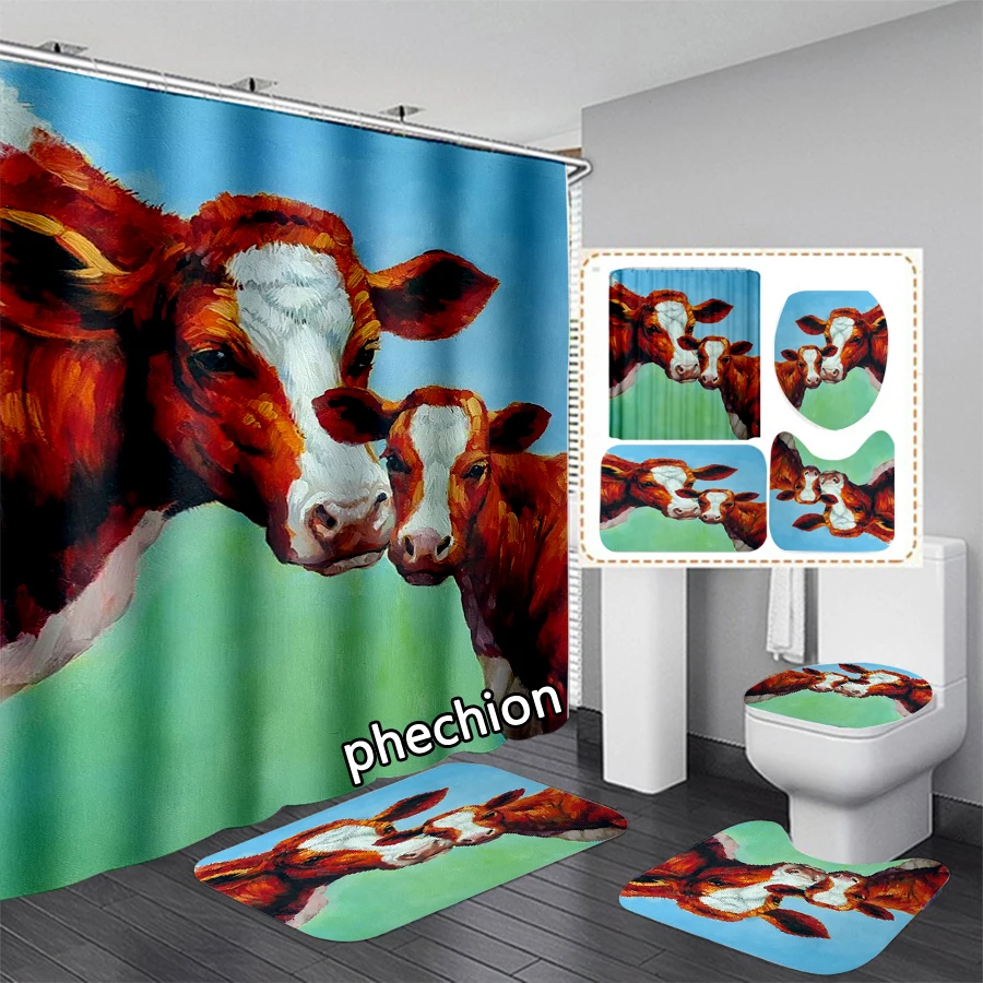 phechion Cartoon Animal Cow 3D Print Waterproof Bathroom Shower Curtain Toilet Cover Mat Non-Slip Floor Mat (1/3/4Pcs) W82