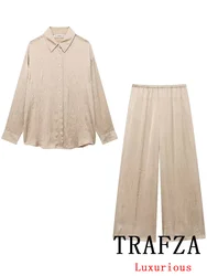 TRAFZA Vintage Casual Chic Garnitur damski Jednorzędowa koszula z długim rękawem Luźne długie spodnie Szykowna moda 2024 Zestawy jesienne