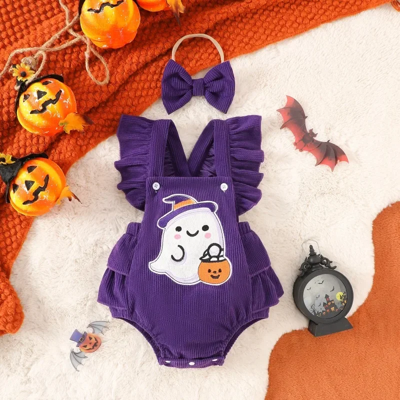 Newborn Baby Girls Halloween Ghost Skeleton Romper Purple Black Corduroy Ruffle Jumpsuit New Born Baby Items