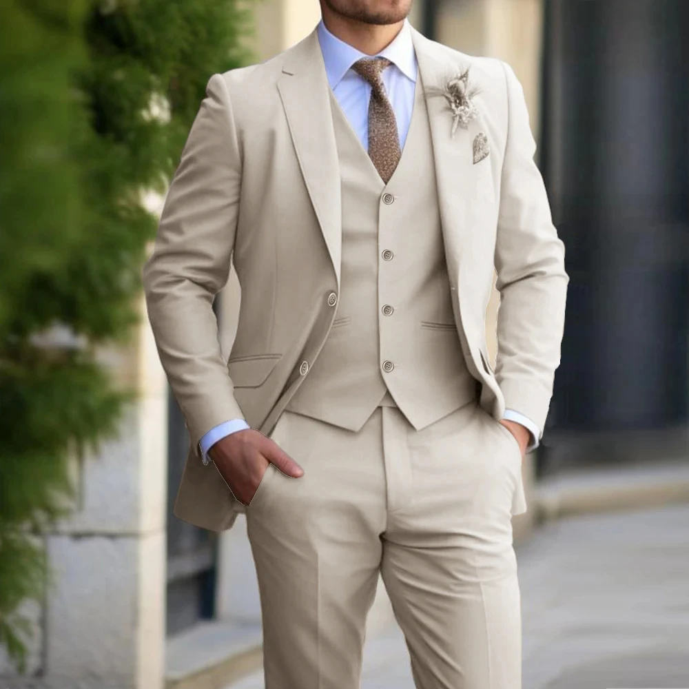 

2024 Classic Men Suit 3 Pieces Fashion Slim Beige Single Breasted Wedding Groom Wear for Men Blazer Jacket Pants Vest