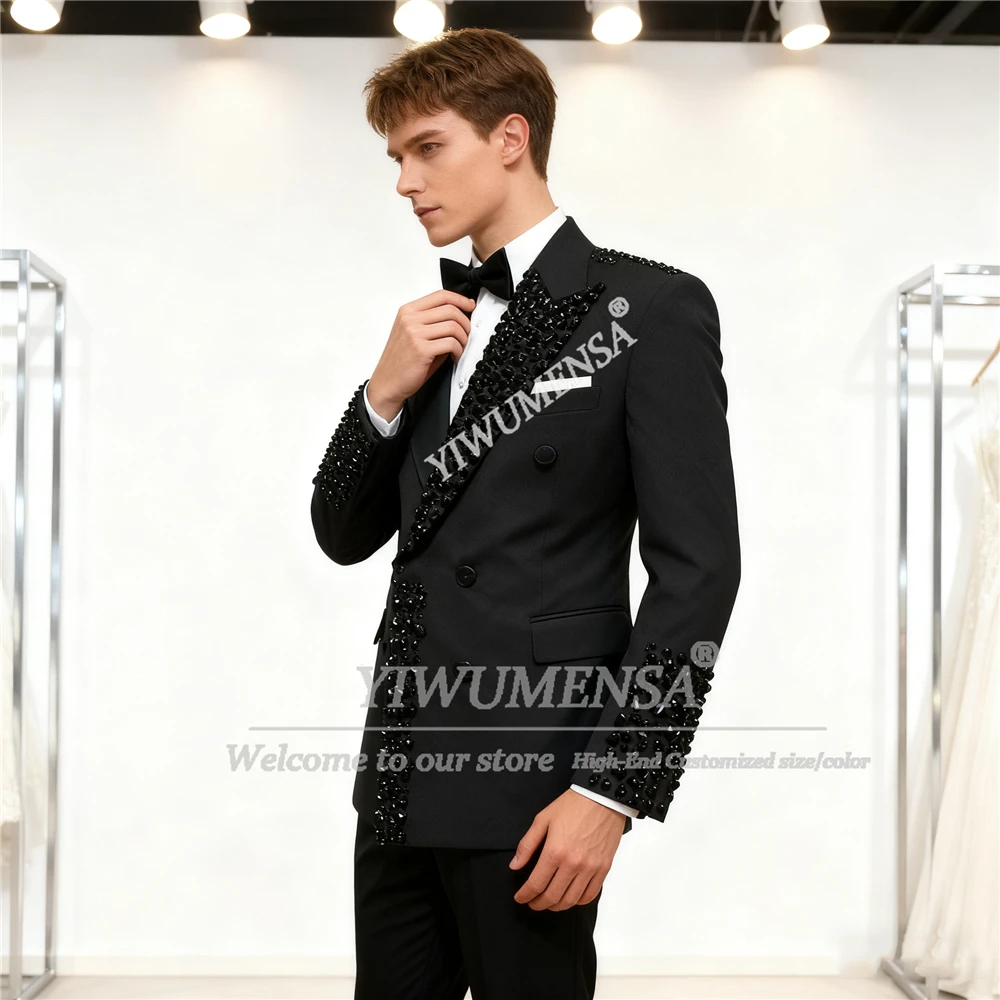 

Jewelry Stones Ornament Wedding Suits For Men Double Breasted Jacket Pants 2 Pieces Sets Costume Homme Customized Groom Tuxedos