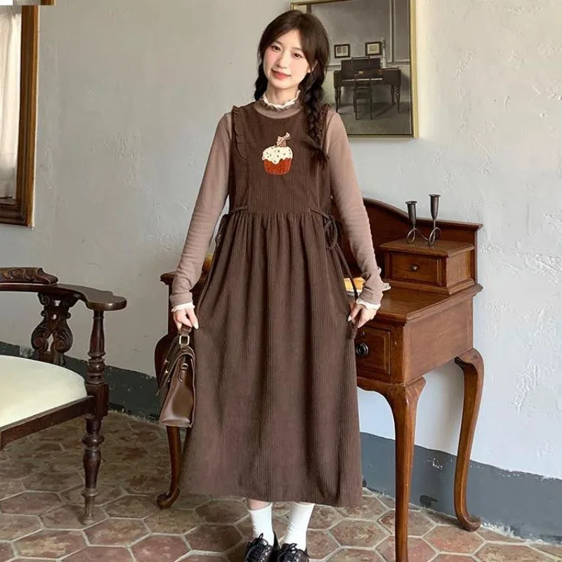 

Платье женское длинное без рукавов, милое Свободное платье с вышивкой «торт», с завышенной талией, в студенческом стиле, Y2k