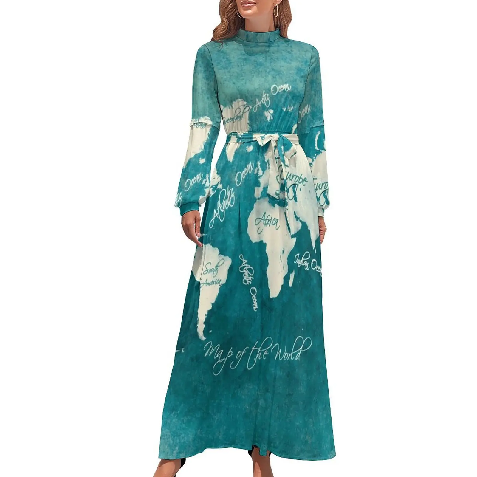 

World Map 2020 Dress High Waist Map of The World Printed Bohemia Dresses Long-Sleeve Aesthetic Long Maxi Dress Modern Vestidos