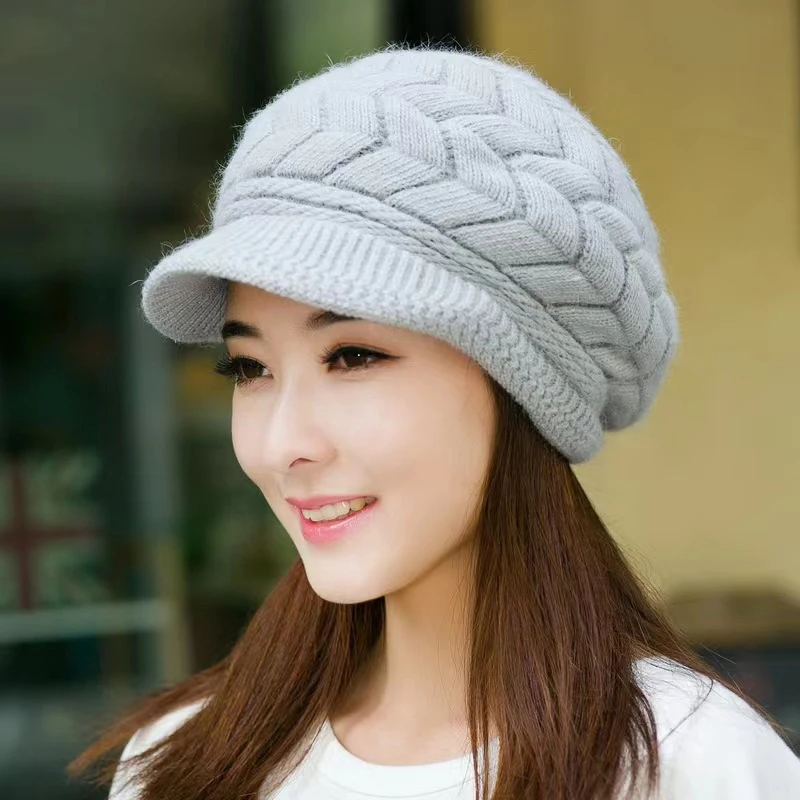 Women\'s Hats Winter Warm Knitted Hat Rabbit Hair Double Layer Plus Velvet Cap Visor Beanies For Women Casual