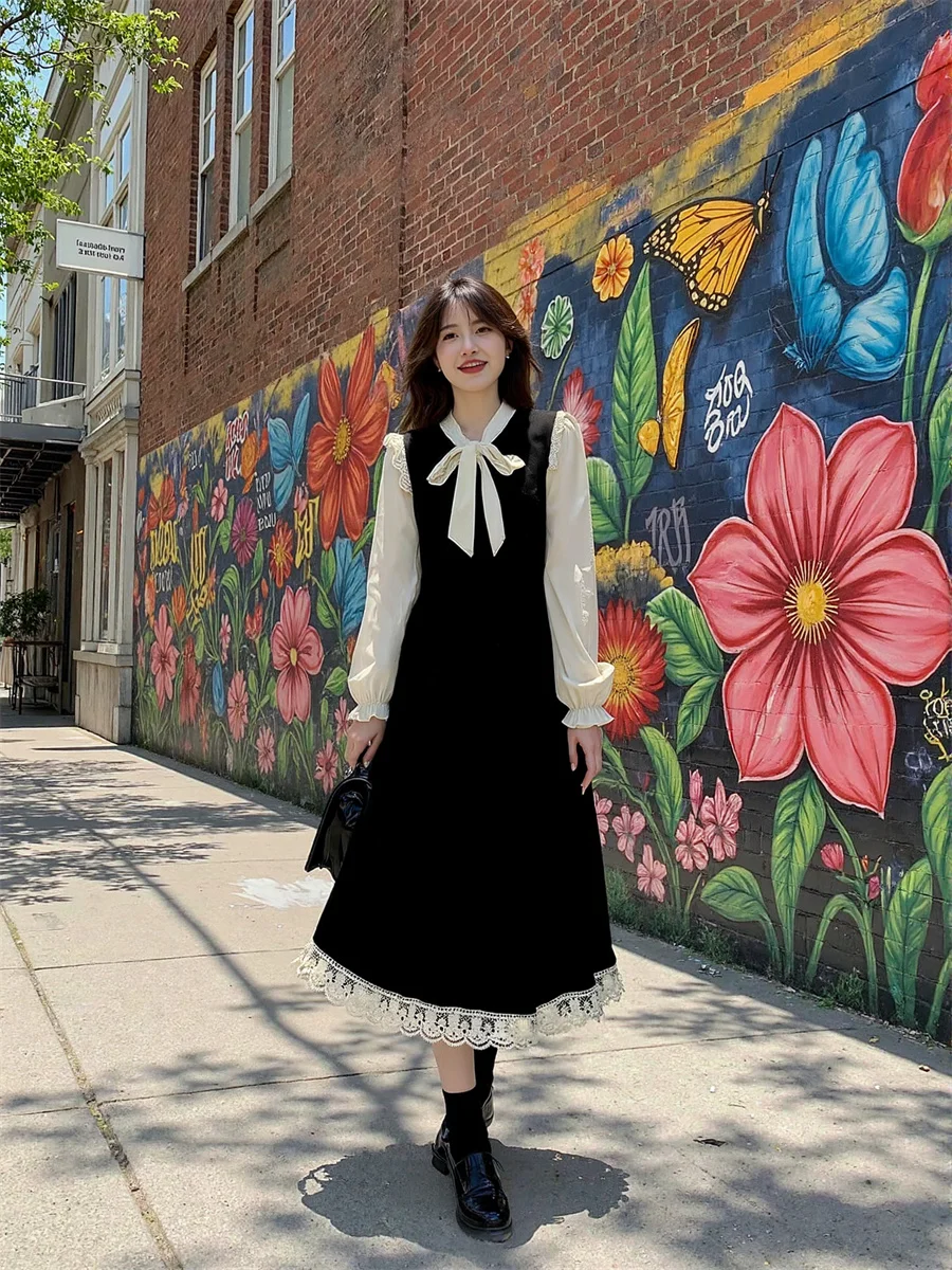 Vestidos femininos preto a linha retalhos outono primavera padrão bolinhas sem mangas em camadas de comprimento médio fino ajuste amarrado cintura alta