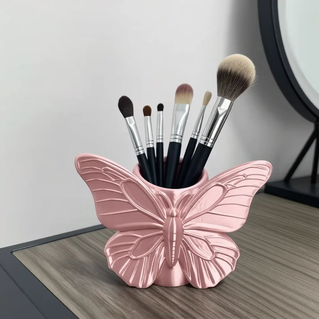 3D Printed Embossed Butterfly Pen Makeup Brush Holder Statue Cosmetic Storage Figurine Vanity Desk Decor