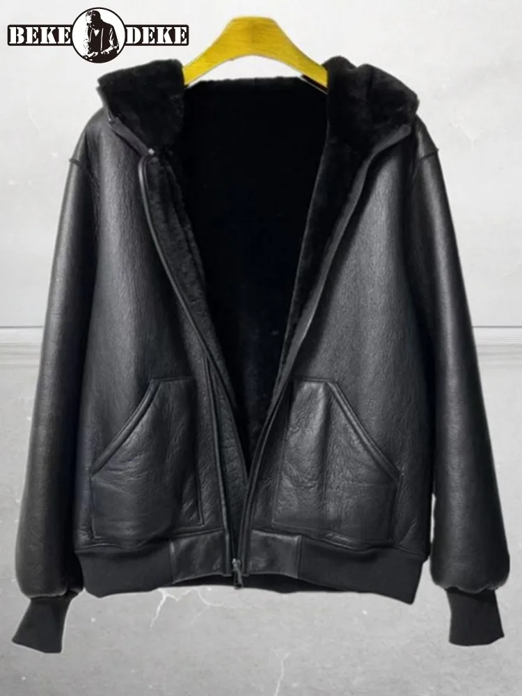 

Business Casual Style Hooded Zipper Genuine Leather Jacket Solid Color Pocket Sheepskin Elastic Waist Loose Male Outerwear