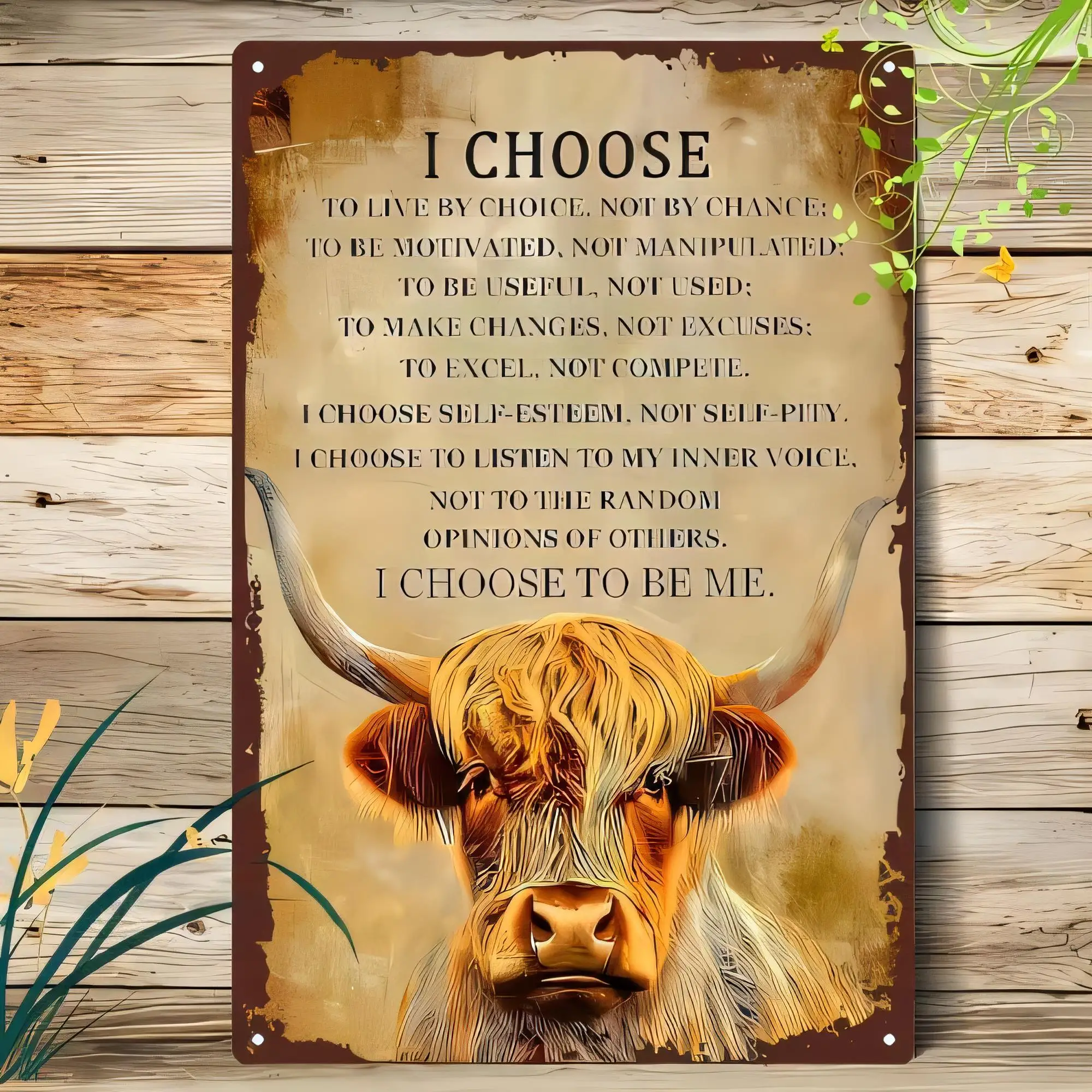 Tin Sign I Choose To Be Me Highland Cow Quote Metal Plaque Vintage Farmhouse Wall Art Rustic Decor for Bedroom Living Room Garag