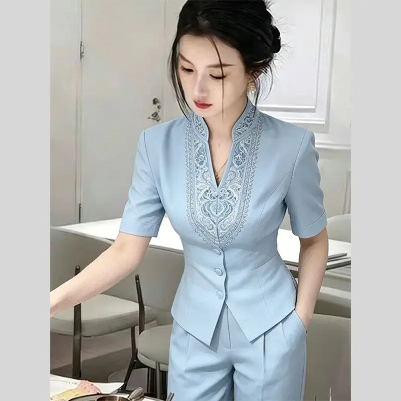 New Summer Fashion Women's Matching Sets High End Stand Collar Embroidery Slim Shirt Top + Straight Pants Elegant Suit