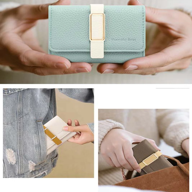 Pomelo Best Cartera corta plegable de color sólido, monedero plegable portátil, tarjetero para mujer, azul pizarra