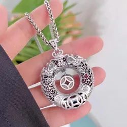 925 Silver Hollow Double Dragon Copper Coin Round necklace for Men and Women's vintage Ethnic Style Keel chain Jewelry