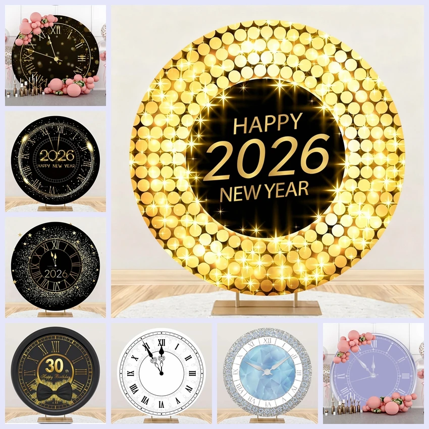 

Black Clock Round Backdrop Christmas Countdown 2026 Happy New Year Family Party Children Adult Portrait Photography Background