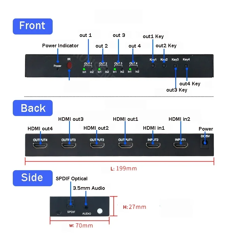 Conmutador de matriz HDMI 2x4 4x2 4K 60Hz Matrix HDMI2.0 divisor de interruptor 2 en 4 salidas con salida de Audio óptica de 3,5mm con control remoto IR HDCP2.2