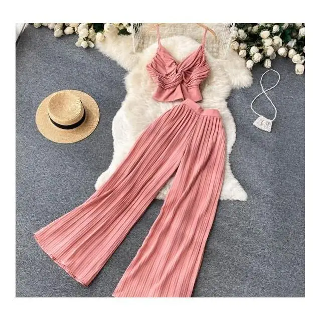 Summer Women Pleated Two Piece Set Sexy Female Criss Cross Twist Strap Tops + High Waist Draped Pants Beach Suits Vacation New