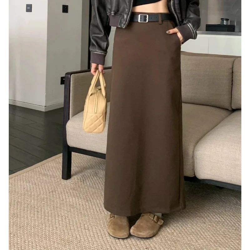 Falda a la cadera con bolso de lana para mujer, media falda informal versátil de cintura alta, falda acampanada de longitud media, otoño e invierno