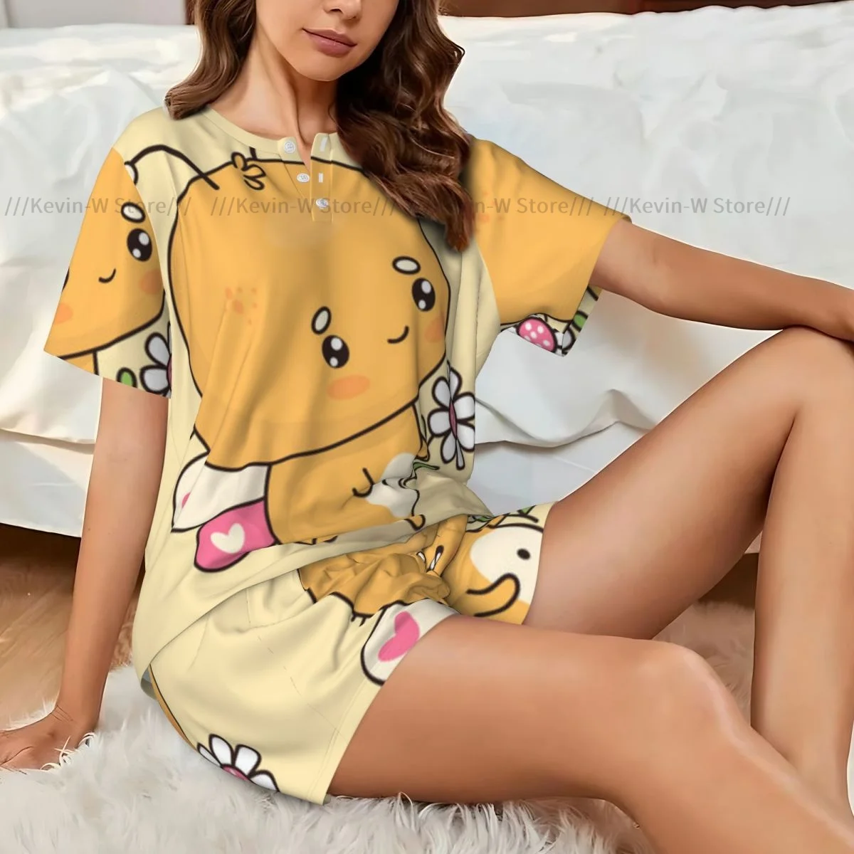 Women Pajamas Set Cute Butterfly With Daisy Flower Homewear Two-Piece Short-Sleeved Short
