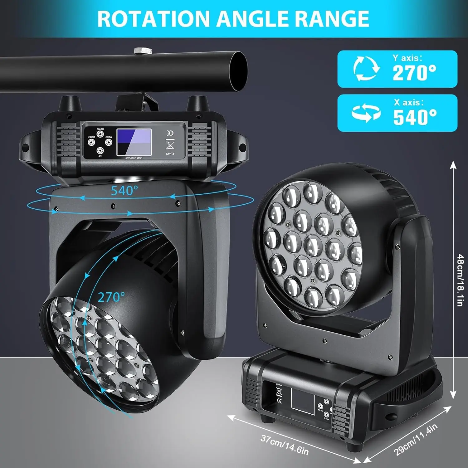 Luz LED con cabezal móvil de 2 uds con estuche de vuelo 19x15W efectos múltiples, RGBW 4 en 1 luces de escenario automáticas