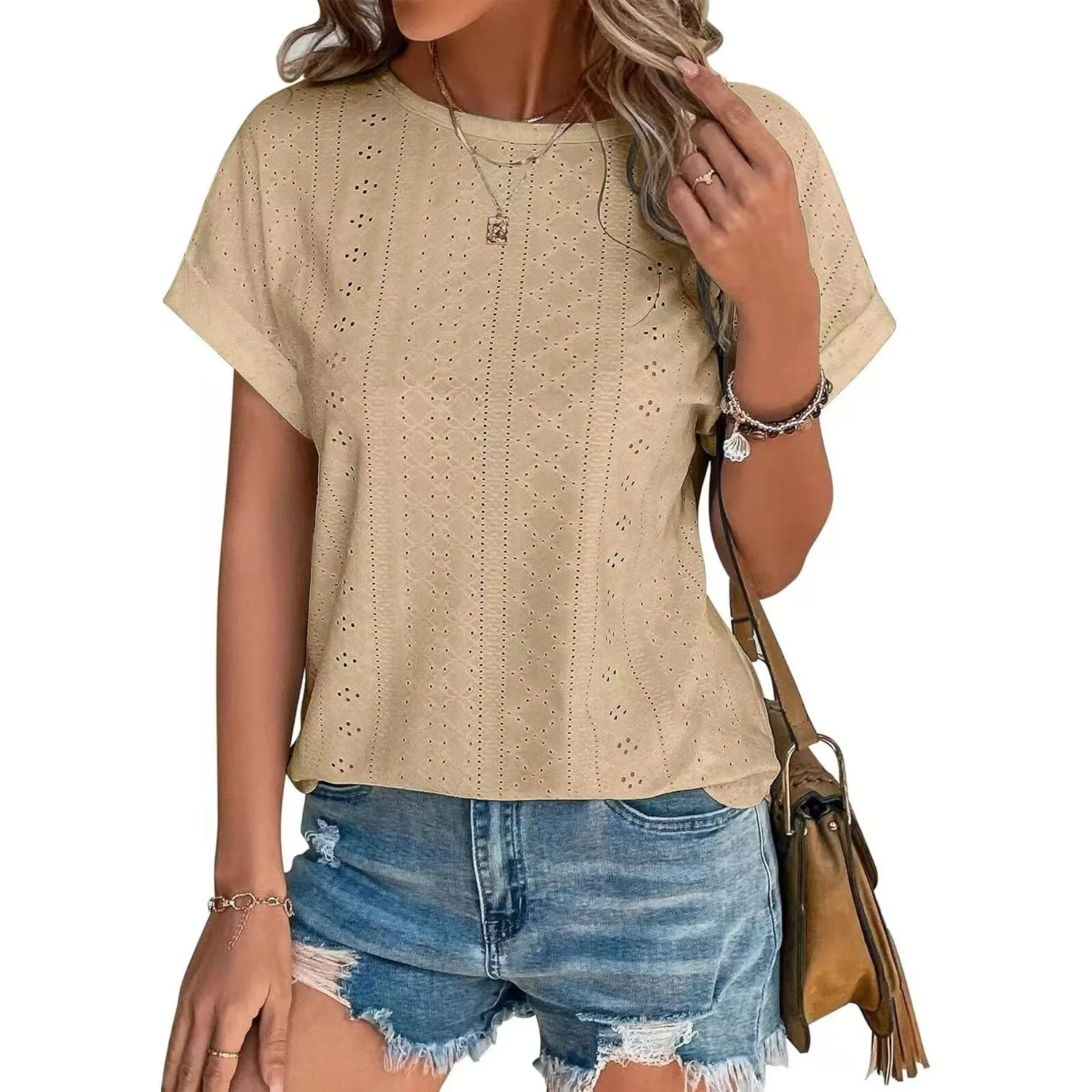 Spring/summer 2025 ladies new solid color hollowed out blouse mesh regular sleeve casual short sleeve t-shirt