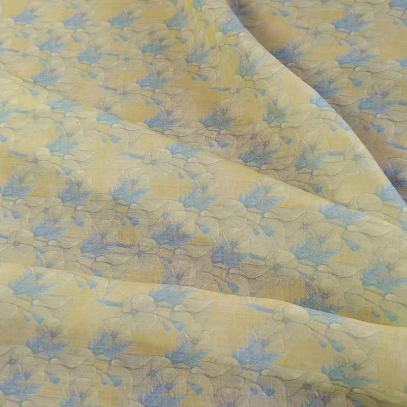 Natural 100% pure ramie cloth yellow flower mirror inch women\'s long skirt printed dress robe summer thin DIY hand sewing 0.5cm