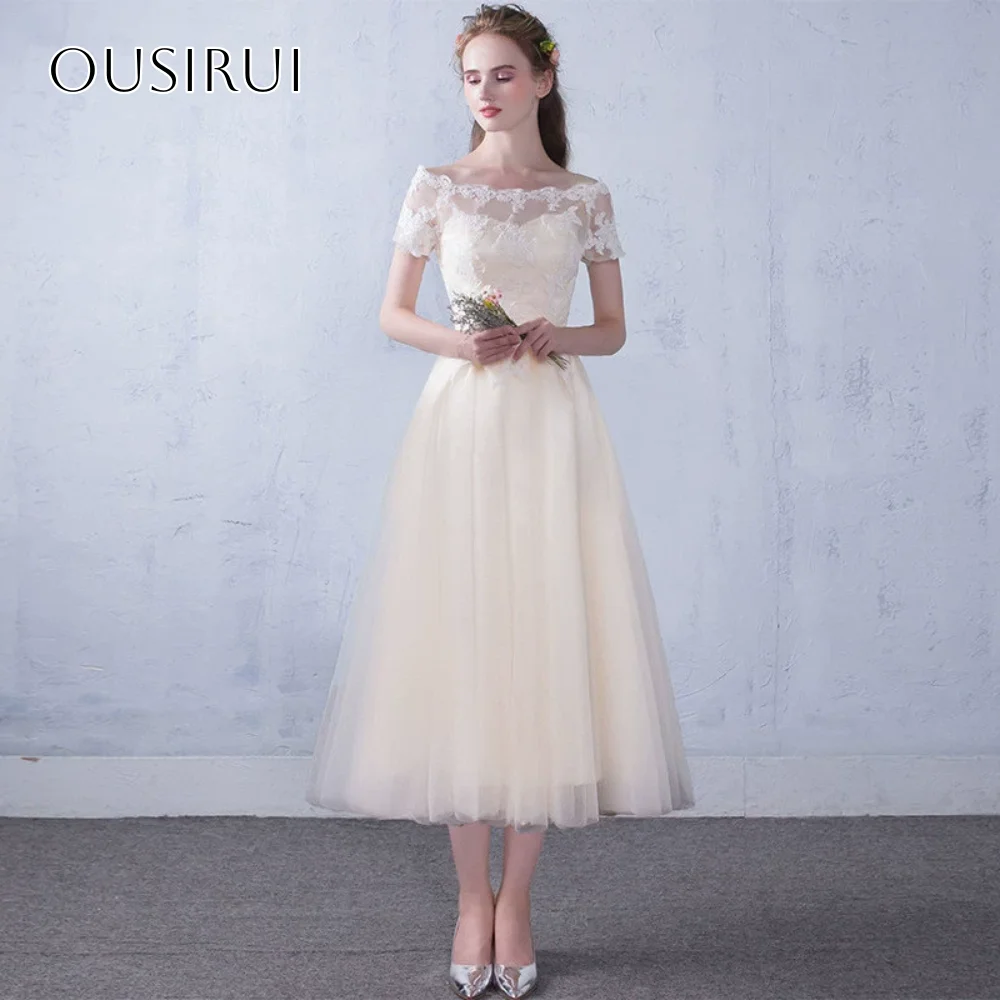 

Off Shoulder Short Sleeves Appliques A-line Homecoming Gown Tea Length Corset Ruched Customized платье на выпуск