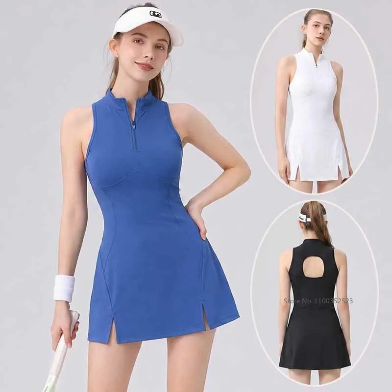 New Women Zipper Polo Tennis Dress with Bra and Shorts Sleeveless Quick Dry Sports Dress Ladies Split Badminton Golf Skirts