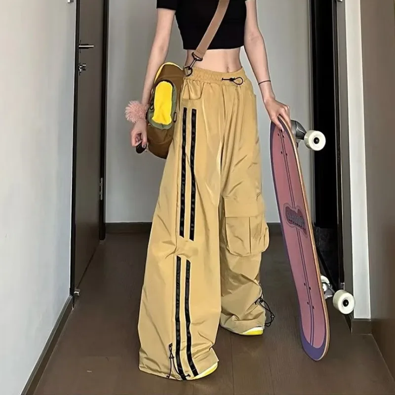 Gidyq Streetwear Women Stripe Cargo Pants Summer Fashion Big Pocket Loose Wide Leg Pants Y2K High Waist Female Hip Hop Trousers