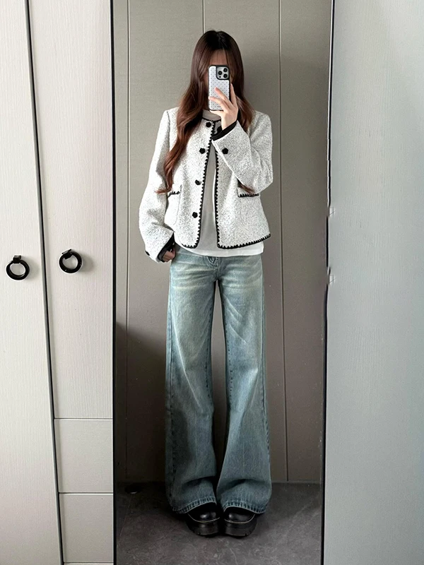 

American Retro High Waist Bell Bottom Jeans Women's Loose Straight Leg Floor Length Wide Leg Pants Autumn New Arrival