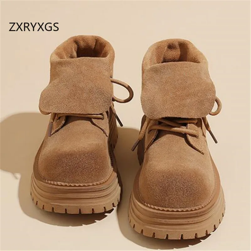 ZXRYXGS 2024 Superior Cow Suede Autumn Single Boots Roman Shoes Woman New Boots Thick Sole Non-slip Thick Mid Heels Roman Boots