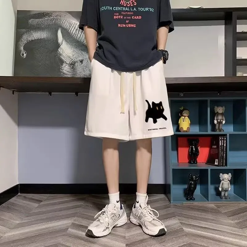 Drawstring Sports Pants M-8XL Summer Cropped Pants With Cat Print Suitable For Men's And Women's Casual Home Shorts